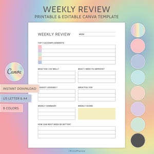 Weekly Review Printable: Reflection Journal Template (Editable Canva File)