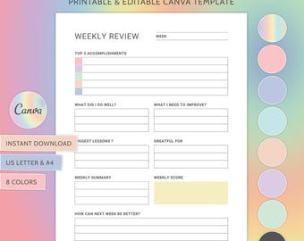 May include: A printable weekly review template with a pastel rainbow color scheme. The template includes sections for top 5 accomplishments, what you did well, what you need to improve, biggest lessons, grateful for, weekly summary, weekly score, and how can next week be better. The template is available in US Letter and A4 sizes.