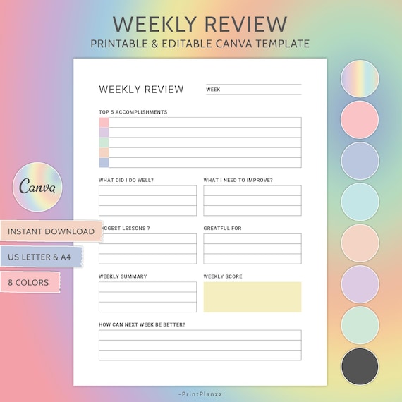 Weekly Review Printable Insert Template Weekly Reflection Journal Pages Weekly Summary Weekly Evaluation Week In Review Editable Canva File
