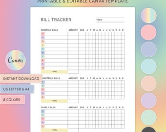 May include: Printable bill tracker template with a pastel rainbow background. The template is divided into three sections: monthly bills, quarterly bills, and yearly bills. Each section has columns for amount due, and each month of the year. The template is designed to help you track your bills and stay on top of your finances.