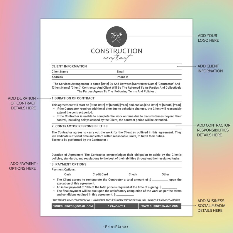 Editable Construction Contract Agreement Template Construction ...