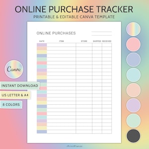Tracker voor online aankopen Afdrukbare tracker voor online winkelen Canva bewerkbare sjabloon voor aankooptracker Ordertracker Boodschappenlijstitems om te kopen