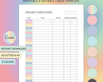 Online Purchases Tracker Printable Online Shopping Tracker Canva Editable Purchase Tracker Template Order Tracker Shopping List Items To Buy
