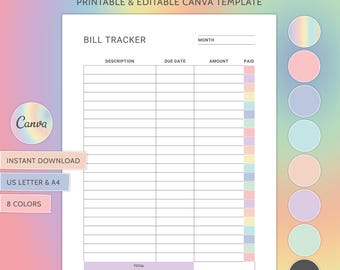 May include: Printable bill tracker template with a pastel rainbow color scheme. The template has columns for description, due date, amount, and paid. The template is available in US Letter and A4 sizes.