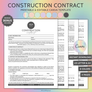 May include: A printable and editable construction contract template with a rainbow color scheme. The document includes sections for client information, duration of contract, contractor responsibilities, and payment options. The template is available in US Letter and A4 sizes, with 8 colors and 4 pages.