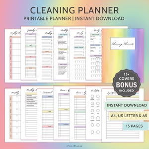 クリーニングプランナー（印刷可能）、ADHDクリーニングプランナーバンドル、ホームクリーニングスケジュール、整理整頓ジャーナル、家族の雑用チャート、毎日のクリーニングチェックリスト