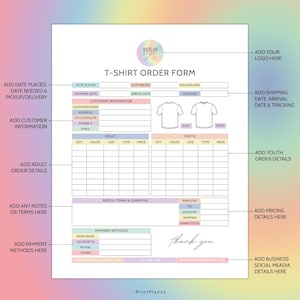 Tshirt Order Form Editable Template T-Shirt Order Form Template T Shirt Order Form Custom Order Form Small Business Form Purchase Order Form