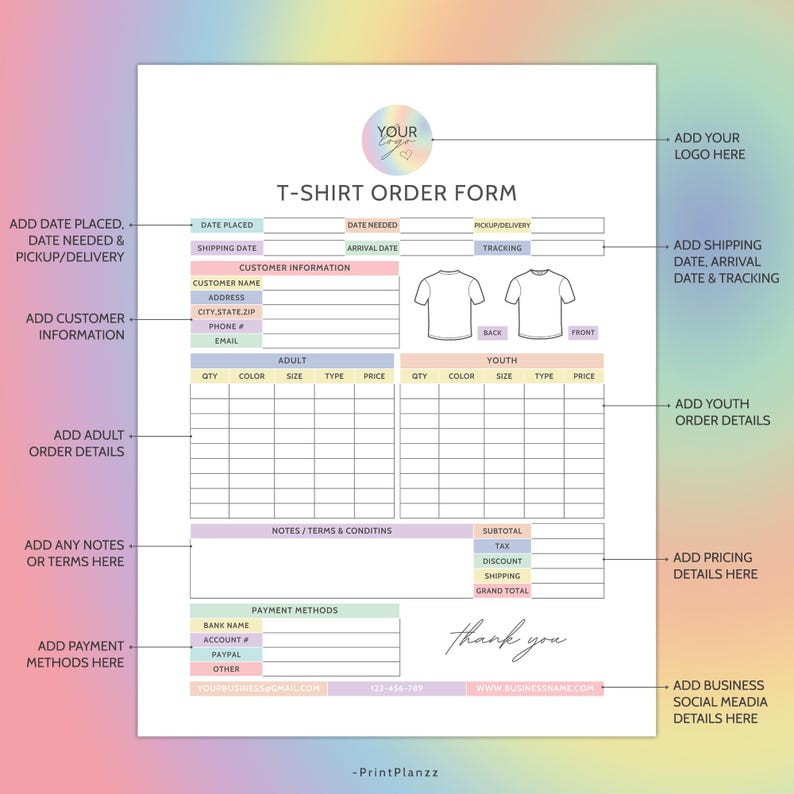 Tshirt Order Form Editable Template T-Shirt Order Form Template T Shirt Order Form Custom Order Form Small Business Form Purchase Order Form