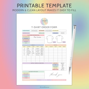 Tshirt Order Form Editable Template T-Shirt Order Form Template T Shirt Order Form Custom Order Form Small Business Form Purchase Order Form