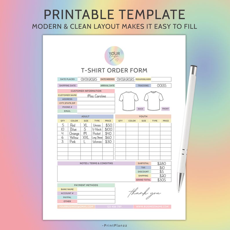 Tshirt Order Form Editable Template T-Shirt Order Form Template T Shirt Order Form Custom Order Form Small Business Form Purchase Order Form