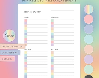 Brain Dump Template To Do List Printable ADHD Daily Planner Productivity Priority Matrix Work Day Thoughts Organizer Editable Canva Template