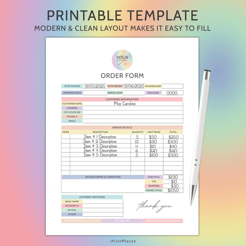 Order Form Template Editable Small Business Order Form Customer Order ...
