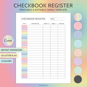 Registre de chéquier imprimable Registre des transactions bancaires Journal du chéquier Suivi des finances Registre des chèques Modèle Canva modifiable du planificateur financier