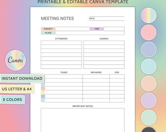 May include: Printable meeting notes template in a pastel rainbow color scheme. The template includes sections for date, time, subject, place, attendees, agenda, tasks, in charge, due, and important notes.