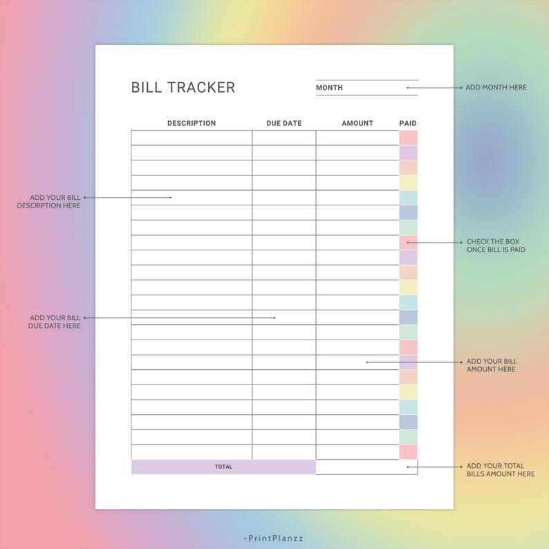 Monthly Bill Tracker Printable Bill Payment Checklist Bill Organizer ...