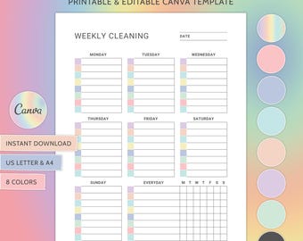 May include: Printable weekly cleaning schedule template with a pastel rainbow color scheme. The template includes sections for Monday, Tuesday, Wednesday, Thursday, Friday, Saturday, Sunday, and Everyday. There is also a section for tasks to be completed every day of the week.
