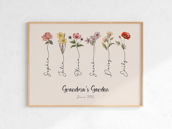 Vintage Birth Flower Poster Custom Grandmas Garden Print Grandparents Day Gift For Grandma Keepsake