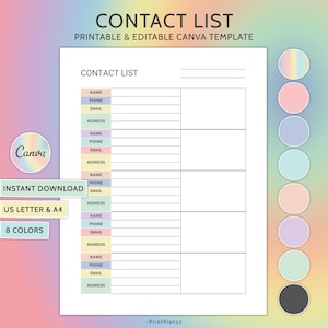 Contact List Template Canva Editable Contact List Template Editable Contact Sheet Editable Contact Page Printable Contract Log with Notes A4