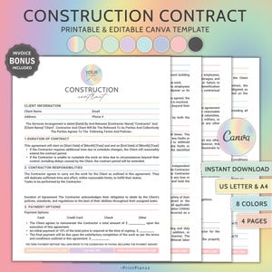 May include: A printable and editable construction contract template with a Canva design. The document includes client information, contract duration, contractor responsibilities, and payment options. Available in US Letter & A4 sizes, 8 colors, and 4 pages.