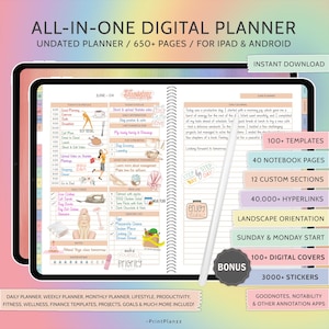May include: A digital planner app interface on a tablet screen. The app features a colorful design with illustrations and text that says "All-in-One Digital Planner". The app includes 650+ pages, 100+ templates, 40 notebook pages, 12 custom sections, 40,000+ hyperlinks, landscape orientation, Sunday & Monday start, 100+ digital covers, 3,000+ stickers, and is compatible with Goodnotes, Notability, and other annotation apps.