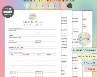 Party Supplies Rental Agreement Editable Party Supplies Rental Template Party Rental Contract Party Rental Business Party Supply Rental PDF