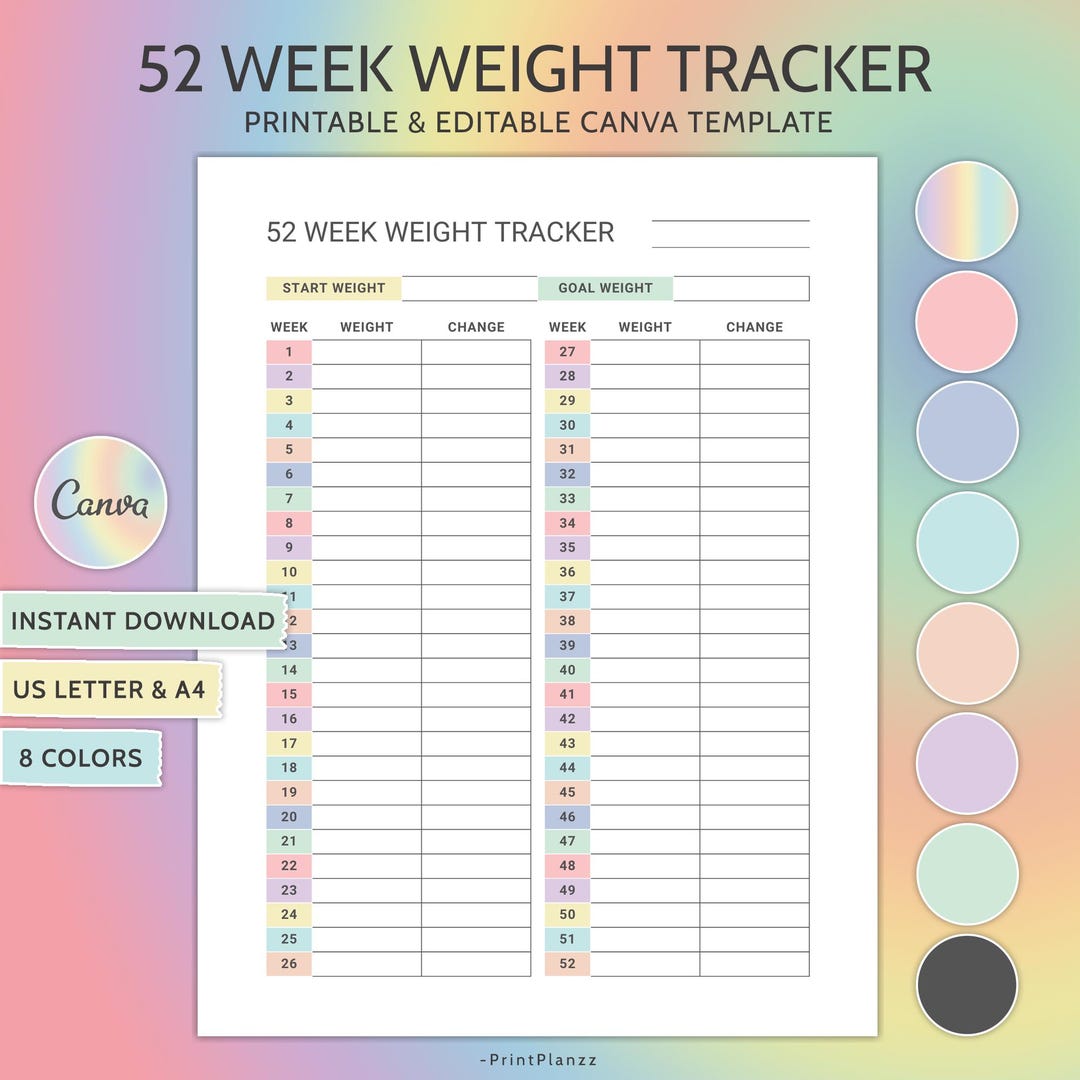 Weight Tracker Printable 52 Week Weight Tracker Canva Weight Loss ...