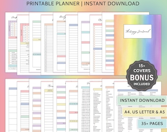 May include: A therapy journal with a rainbow cover and multiple pages. The journal includes a printable planner and instant download. The image also includes the text "15+ COVERS BONUS INCLUDED" and "35+ PAGES".