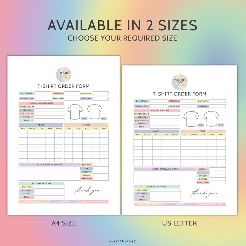 Tshirt Order Form Editable Template T-Shirt Order Form Template T Shirt Order Form Custom Order Form Small Business Form Purchase Order Form