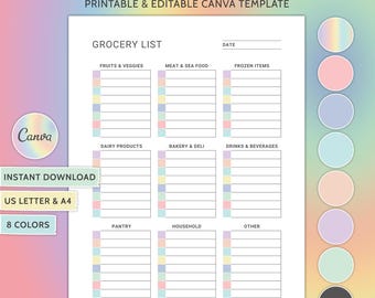 Grocery List Printable Template Canva Editable Grocery List Food Shopping List Household Planner Digital Grocery Planner Shopping Checklist