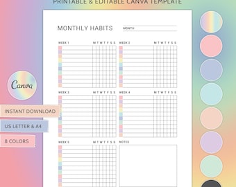 Monthly Habit Tracker Printable Editable Canva Template Digital Habit Tracker Template Routine Tracker 30 Day Habit Challenge Goal Tracker