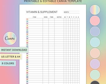 Täglicher Vitamin Tracker Nahrungsergänzungstracker Bearbeitbarer Vitaminzusatz-Organizer Zuschlag Vorlage Vitamin Vorlage Checkliste A4