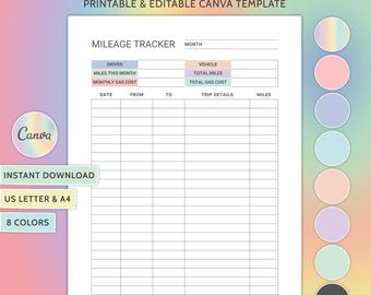 Mileage Tracker Printable Business Mileage Log Tracker Editable Work Trip Miles Tracker Monthly Mileage Report Form Mileage Tracker Notebook