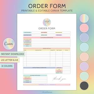 Puede incluir: Una plantilla de formulario de pedido imprimible en colores pastel con un logotipo de corazón. El formulario incluye secciones para la información del cliente, los detalles del pedido, los métodos de pago y las notas. El texto "ORDER FORM" está en negrita, fuente sin serifas.