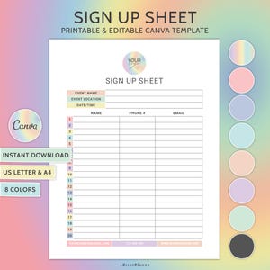 Sign Up Sheet Template Canva Editable Signup Sheet Printable Sign Up Sheet Sign Up Form Event Sign Up Sheet Sign Up List Party Sign Up Sheet