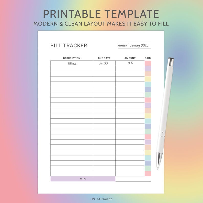 Monthly Bill Tracker Printable Bill Payment Checklist Bill Organizer ...