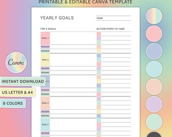 Yearly Goals Printable Top 5 Yearly Goals Canva Editable Yearly Goal Tracker Goal Planner Journal New Year Resolutions Goal Setting Template