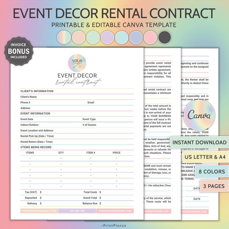 Event Decor Rental Agreement Editable Party Wedding Decor Rental ...