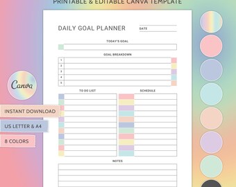 May include: A printable daily goal planner template with a pastel color scheme. The planner includes sections for today's goal, goal breakdown, to do list, schedule, and notes. The template is available in US Letter and A4 sizes.