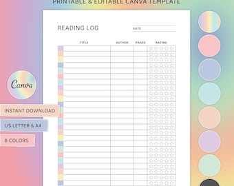 May include: Printable reading log template with a rainbow colour scheme. The template has columns for title, author, pages, and rating. The rating column has five stars for each row.