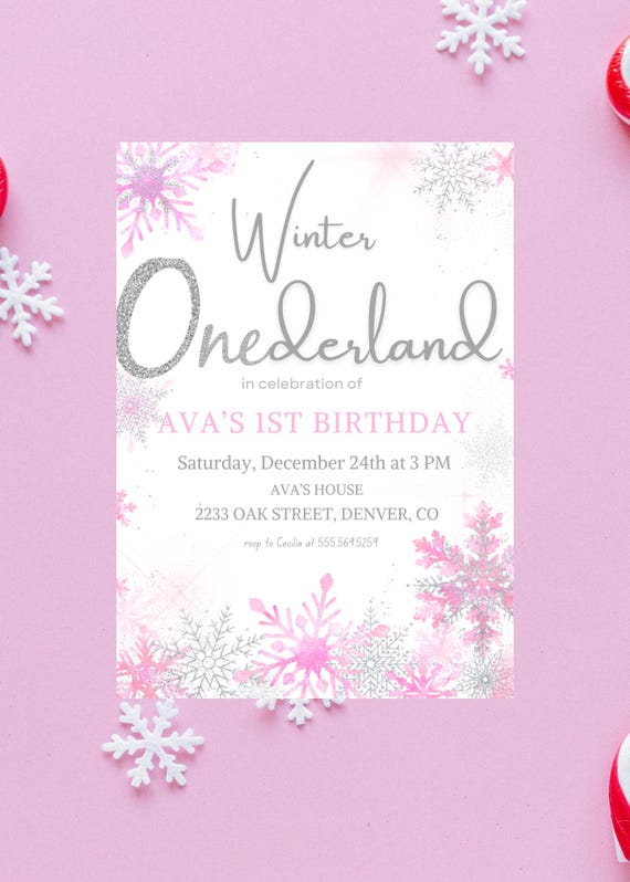 Winter ONEderland digital download invitation, snowflake invite, pink, girls, customizable, silver and pink, invite, template, winter wonder