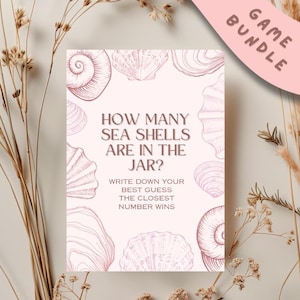 Puede incluir: Un paquete de juegos rosa con el texto "HOW MANY SEA SHELLS ARE IN THE JAR?" rodeado de ilustraciones de conchas marinas. También se incluye el texto "WRITE DOWN YOUR BEST GUESS THE CLOSEST NUMBER WINS". Las palabras "GAME BUNDLE" están en la esquina superior derecha.