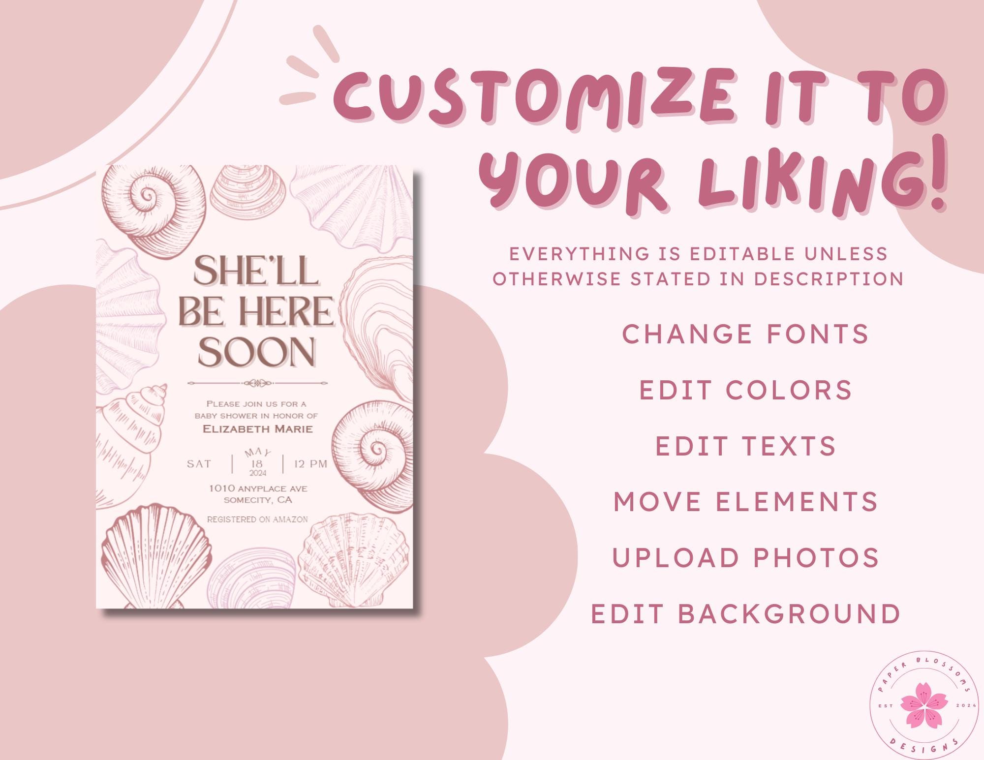 She'll Be Here Soon Pink Sea Shell Beach Baby Shower Invite Template ...
