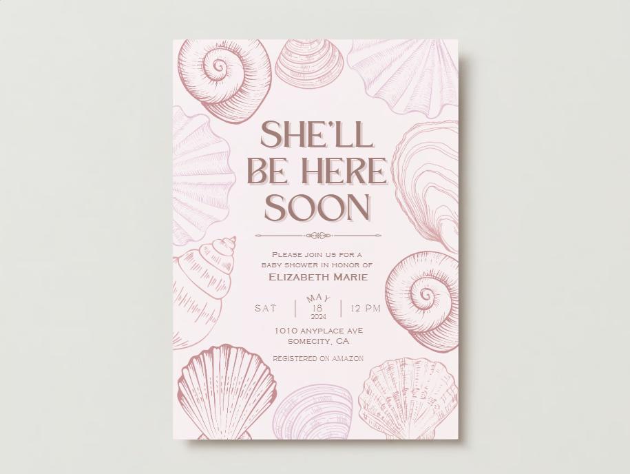 She'll Be Here Soon Pink Sea Shell Beach Baby Shower Invite Template ...
