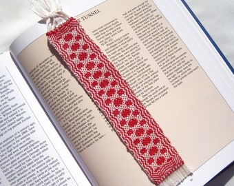 Handwoven Bookmark, Handwoven Mayflower Bookmark, Bookmark Overshot Weaving, Scarlet Bookmark