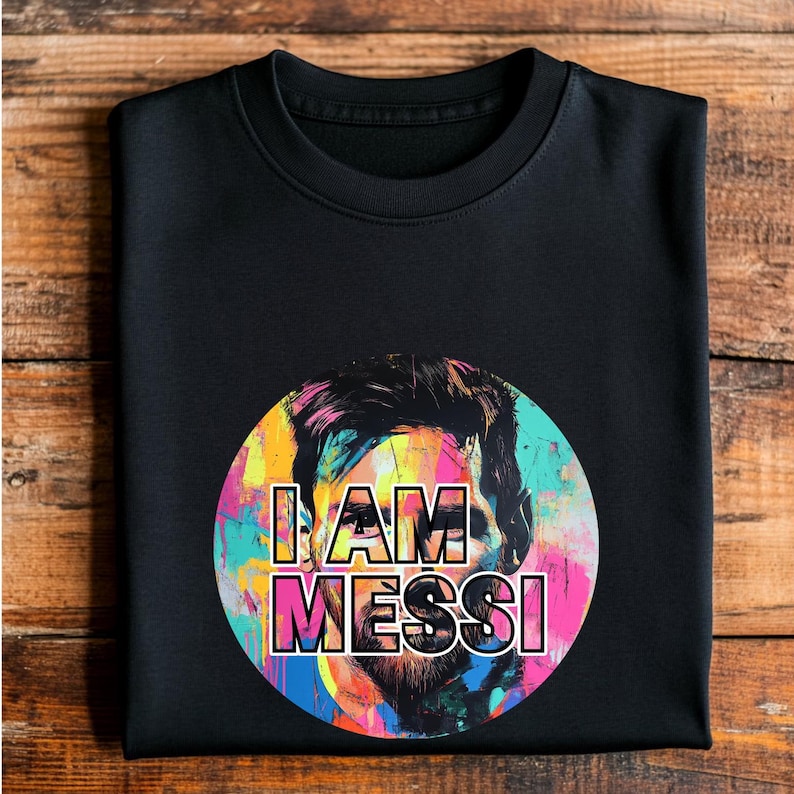 May include: Black t-shirt with a colorful graphic of a man's face and the text "I AM MESSI".