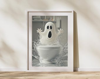 May include: A white ghost with a surprised expression is emerging from a white toilet bowl with water splashing around it.