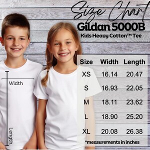 May include: Size chart for Gildan 5000B Kids Heavy Cotton Tee, showing measurements in inches for width and length in sizes XS, S, M, L, and XL.