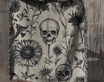 Gothic Skull Woven Blanket, Halloween Throw, Cotton Decor