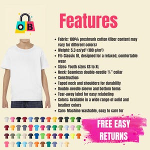 May include: White youth-sized t-shirt with a variety of colors available. Features include a classic fit, taped neck and shoulders, double-needle sleeves and bottom hems, and a tear-away label.  Free easy returns.