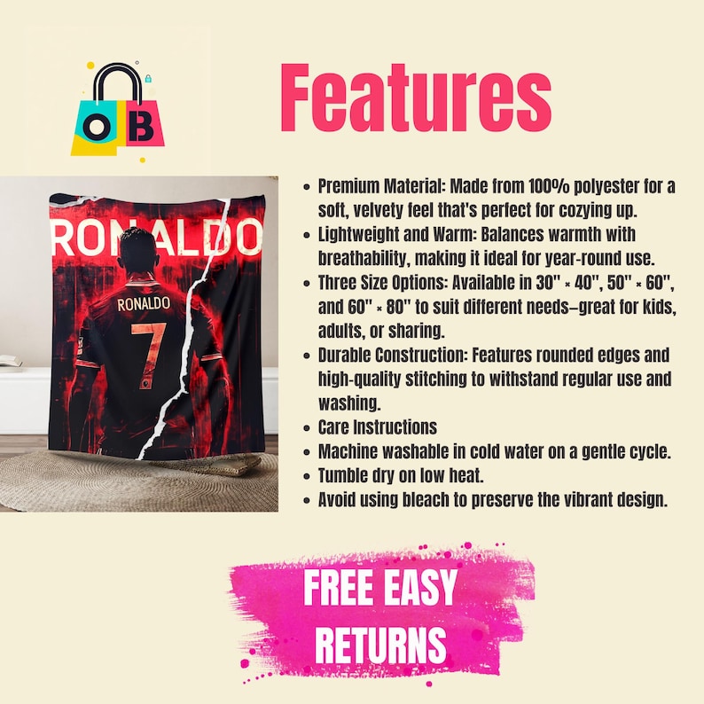 Puede incluir: Una manta de felpa roja, negra y blanca con la imagen de un jugador de f&uacute;tbol y el nombre "RONALDO" impreso en ella. La manta est&aacute; hecha de 100% poli&eacute;ster y est&aacute; disponible en tres tama&ntilde;os: 76cm x 102cm, 127cm x 152cm y 152cm x 203cm.